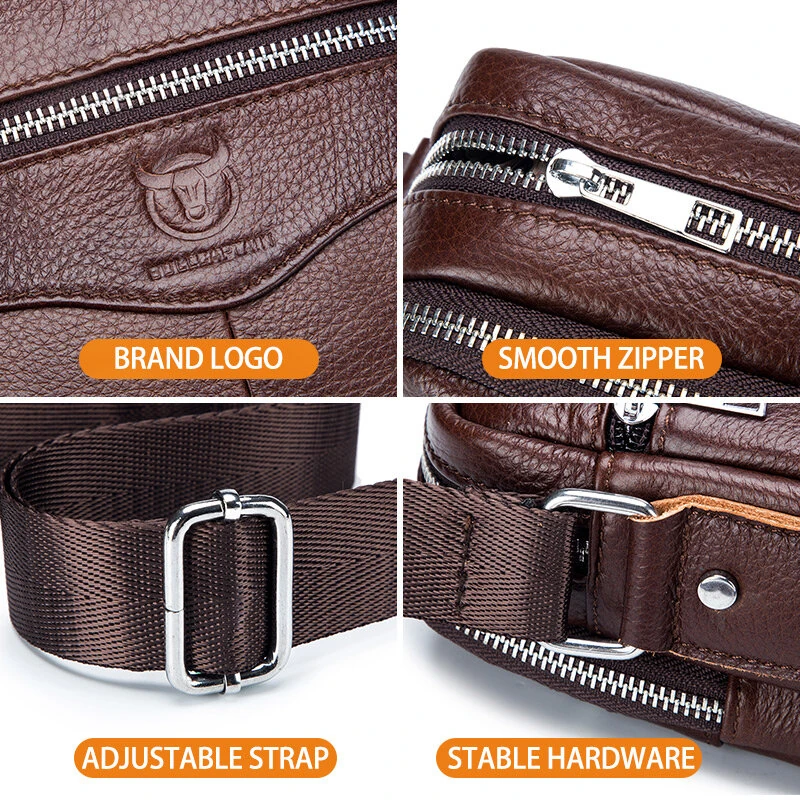 (image for) BULLCAPTAI Genuine Leather Men's Shoulder Bag Cowhide Messenger Bags Fashion Male Causal Small Double Zipper Crossbody Bag Short-distance Compact Mini Travel Bag
