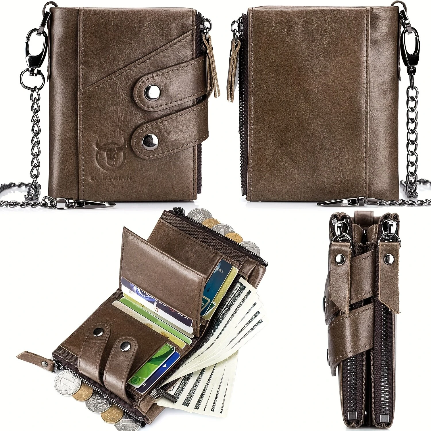 (image for) BULLCAPTAIN Genuine Leather Mens Wallet RFID Blocking Short Wallet with Chain Multifunction Card Holder Double Zipper Coin Purse Money Clip Compact Storage Bag Stylish