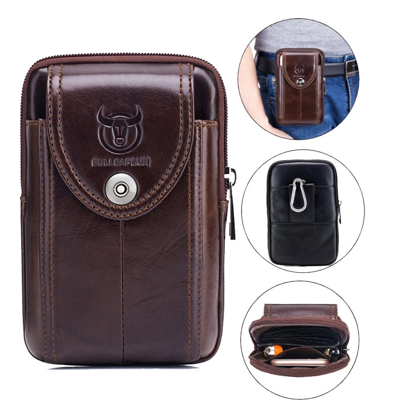 (image for) BULLCAPTAIN Genuine Leather Waist Pack Mens Small Fanny Belt Bag Travel Phone Pouch Male Work Leather Waist Bag